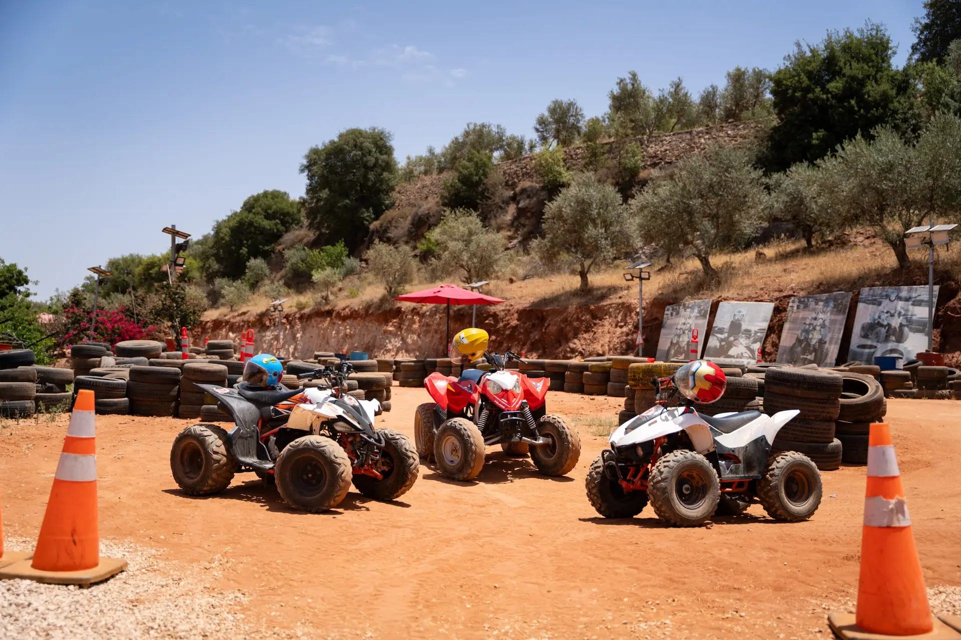 Kids' ATVs lined up on the off-road track at Bait Shaker in Al-Salt