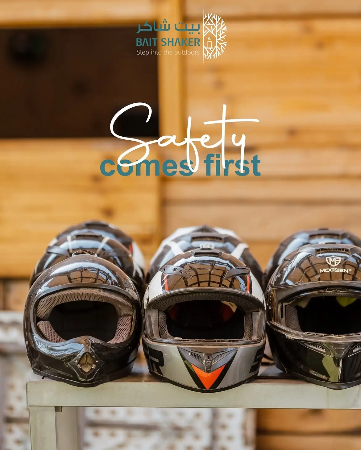 Kids' ATV safety helmets lined up on a rack at Bait Shaker — safety comes first