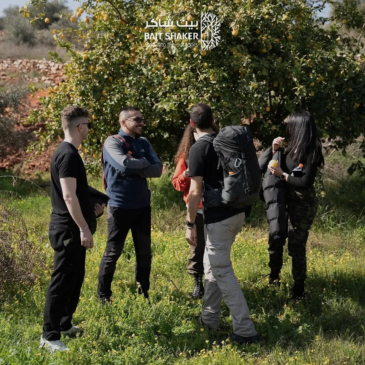 A hiking group pausing among the fruit trees at Bait Shaker